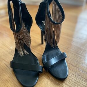 SCHUTZ - Gold and Black Fringe Heels with Stiletto Design. Size 38